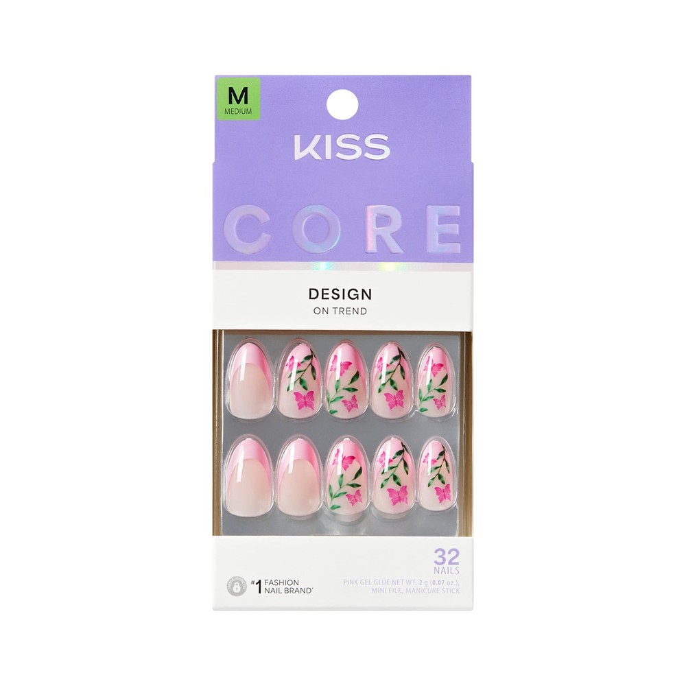 Press On Nails Medium Almond Pink Springtime Splendor 32 Kiss CORE glue Size
