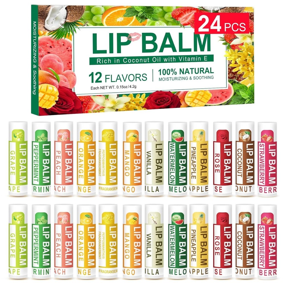 24 Pack Lip Balm, Natural Lip Balm Bulk with Vitamin E and Coconut Oil, Lip Care