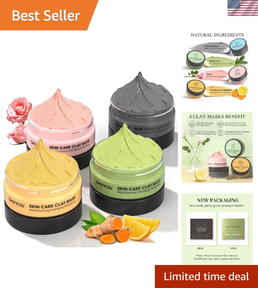 4Pcs Face Mask Set – Turmeric Clay Mask, Vitamin C, Green Tea, Rose, Dead Sea…
