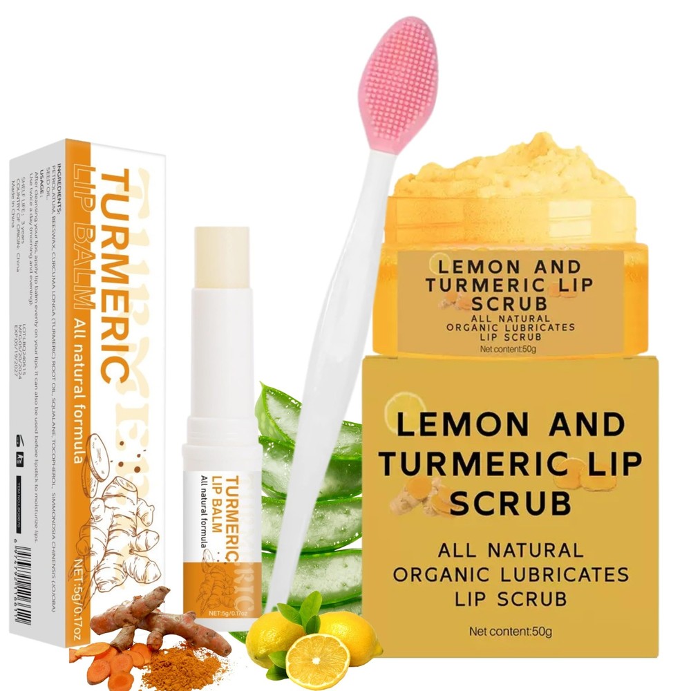 3PCS Turmeric and Lemon Lip Scrub & Turmeric Lip Balm with Brush Set, Eliminate
