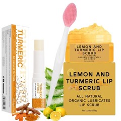 3PCS Turmeric and Lemon Lip Scrub & Turmeric Lip Balm with Brush Set, Eliminate