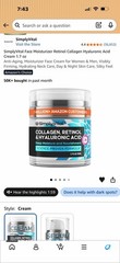 SimplyVital Collagen Retinol Hyaluronic Face & Neck Cream Moisturizer 1.7 oz
